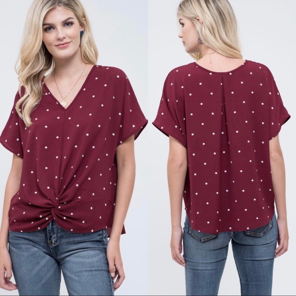 Polka dot bottom twist blouse in burgundy - Picture 1 of 4